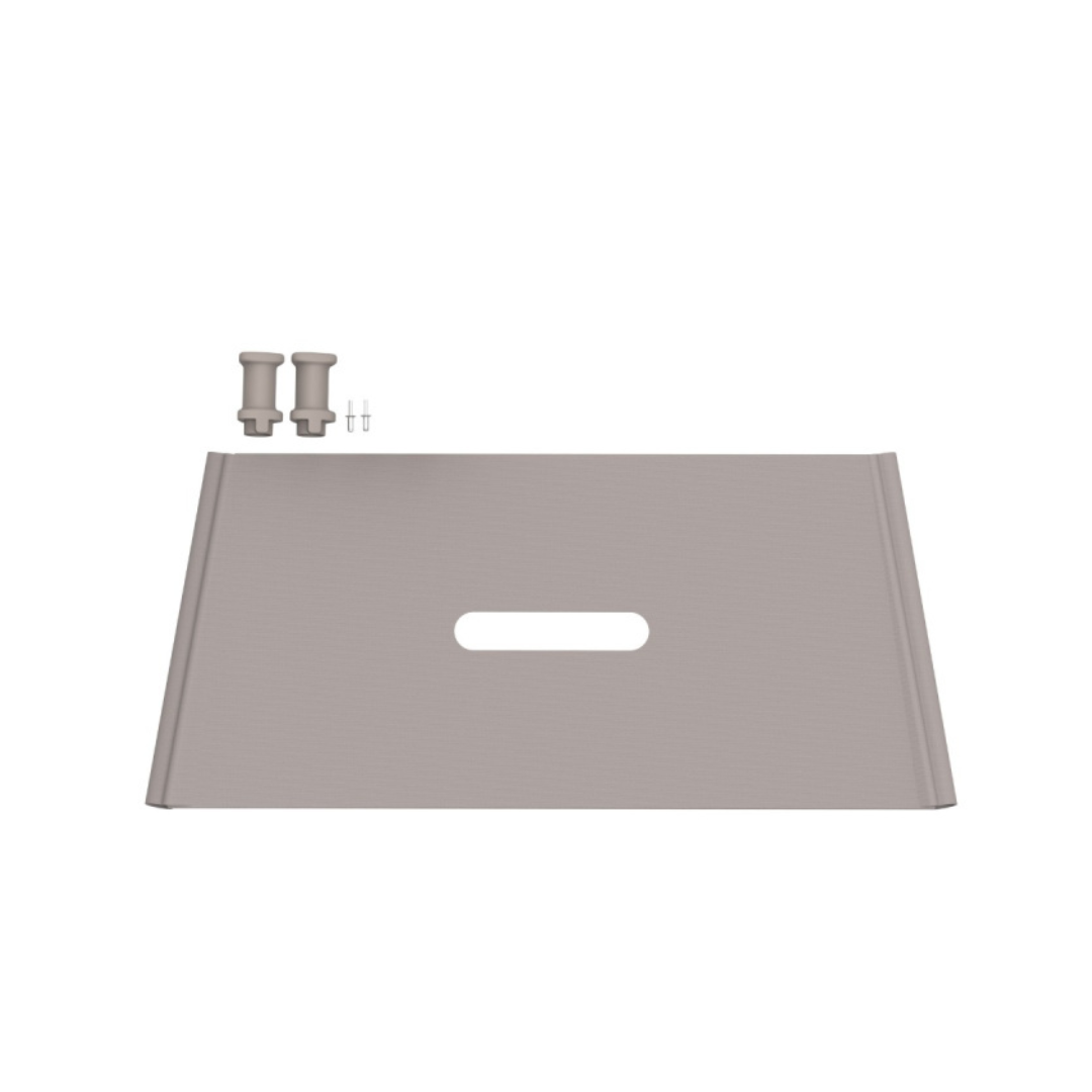 A gray metal plate with a centered oval cutout, two small cylindrical pegs, and a tiny screw are spare parts for the byACRE Carbon Ultralight Rollator, essential for maintenance and displayed on a white background.